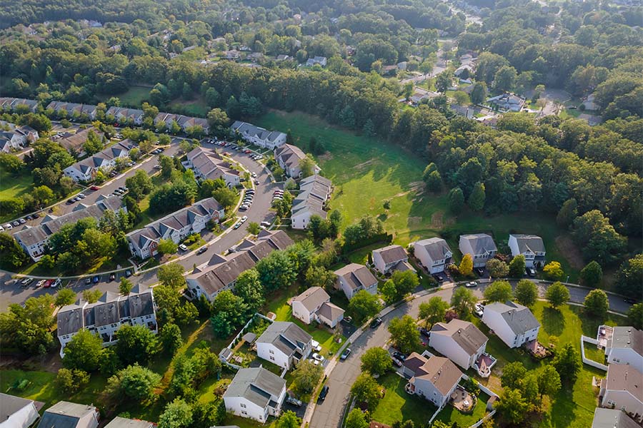 Fairview Park OH - Aerial View of a Residential Community Surrounded by Green Foliage in Fairview Park Ohio on a Sunny Summer Day
